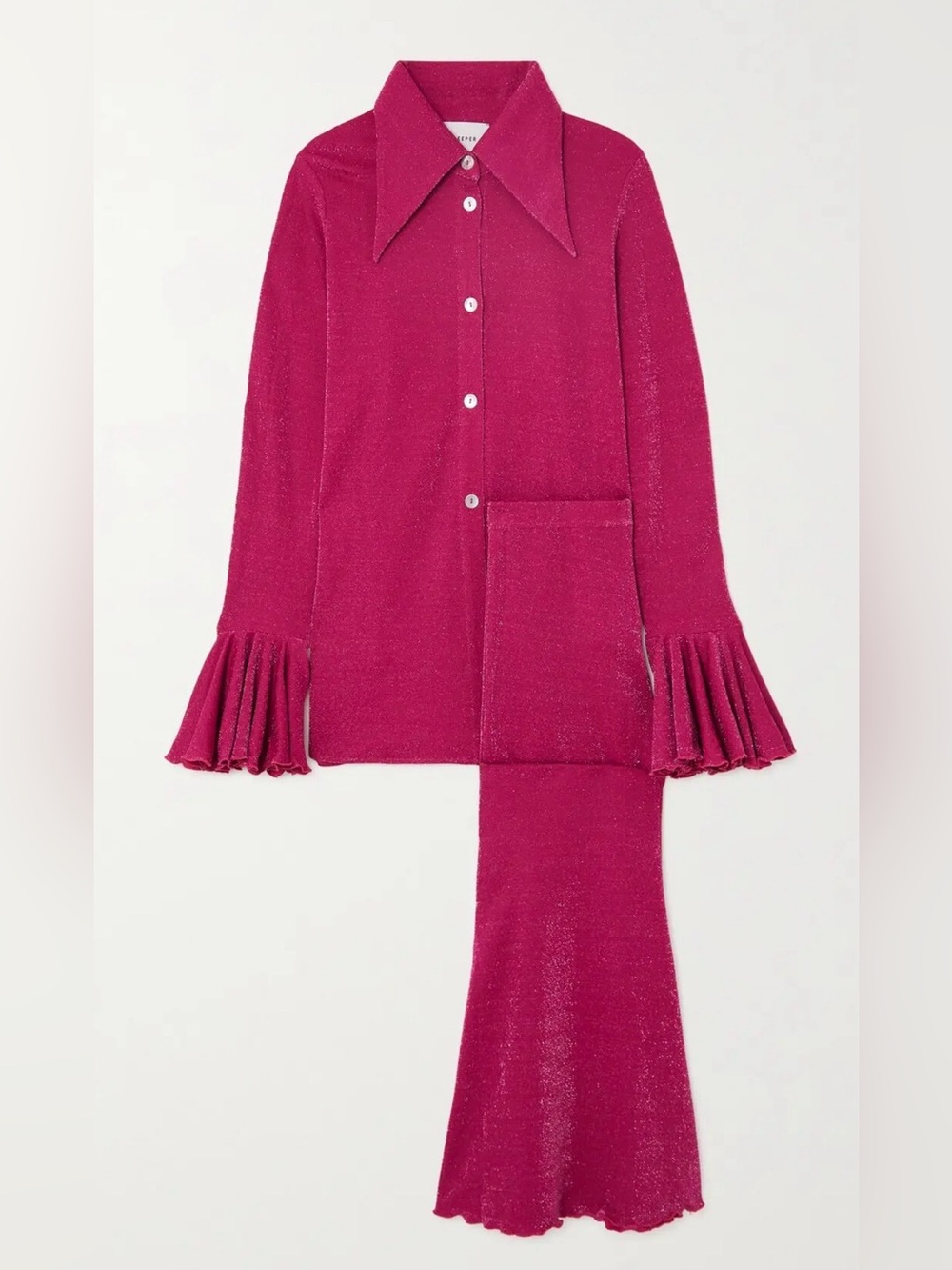 SLEEPER Cosmos Lurex Lounge Set Small Fuchsia Pink Ruffle Cuff Flare Pants PJs